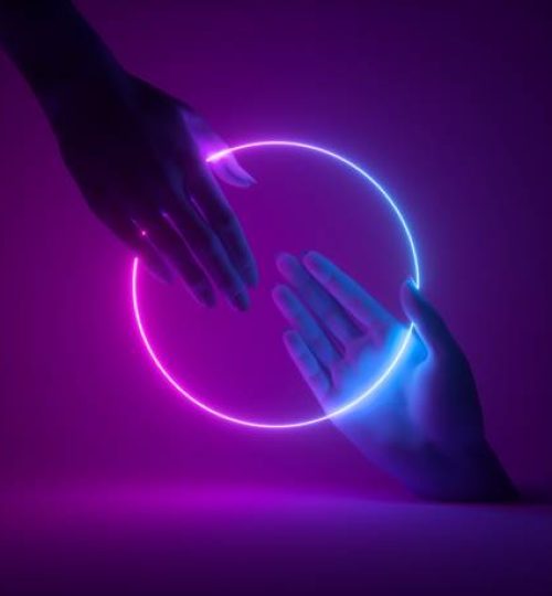 3d render, abstract minimal neon background, mannequin hands interacting, holding pink blue glowing round frame, ultraviolet light, fashion concept, virtual reality
