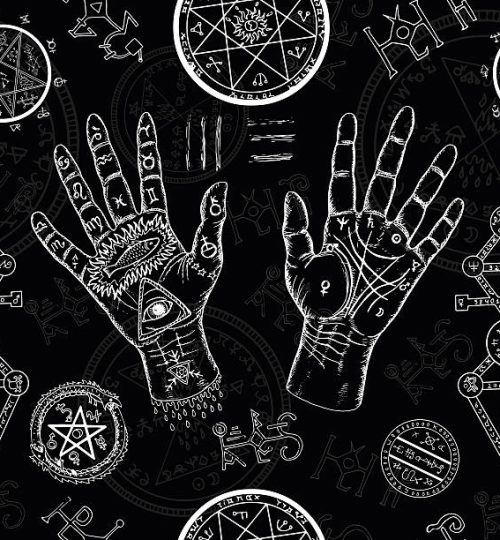 Chiromancy seamless background with human hands, pentagram and mystic symbols on black. Hand drawn repeated illustration with life lines on palms